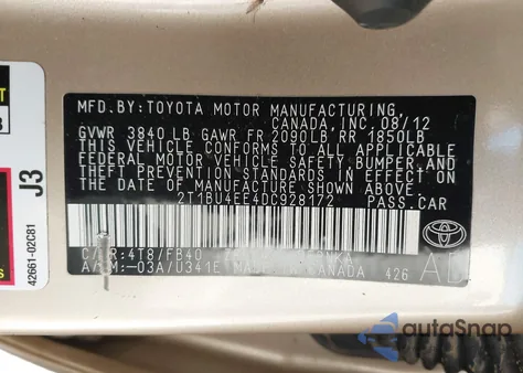 2013 Toyota Corolla Le from USA, damaged, VIN 2T1BU4EE4DC928172